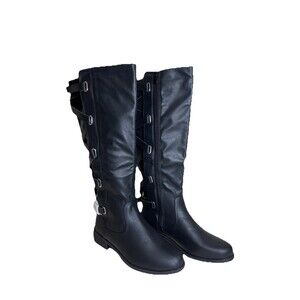 Syktkmx Womens Sz 9 Strappy Motorcycle Knee High Boots Lace Up Riding Flat